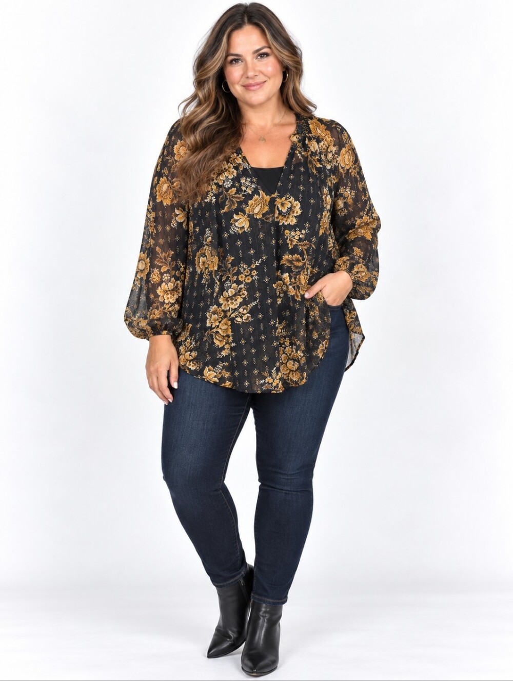 Torrid Size 2 Black Mustard Floral Sheer Long Sleeve Boho Blouse Plus